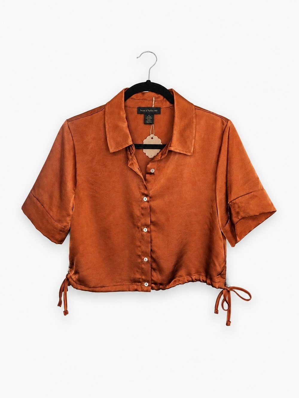 House of Harlow 1960 Copper Satin Tie-Hem Cropped Shirt